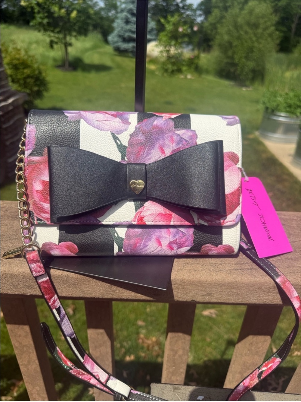Betsey Johnson Black, White & Pink Floral Crossbody with Bow NEW w/Tags